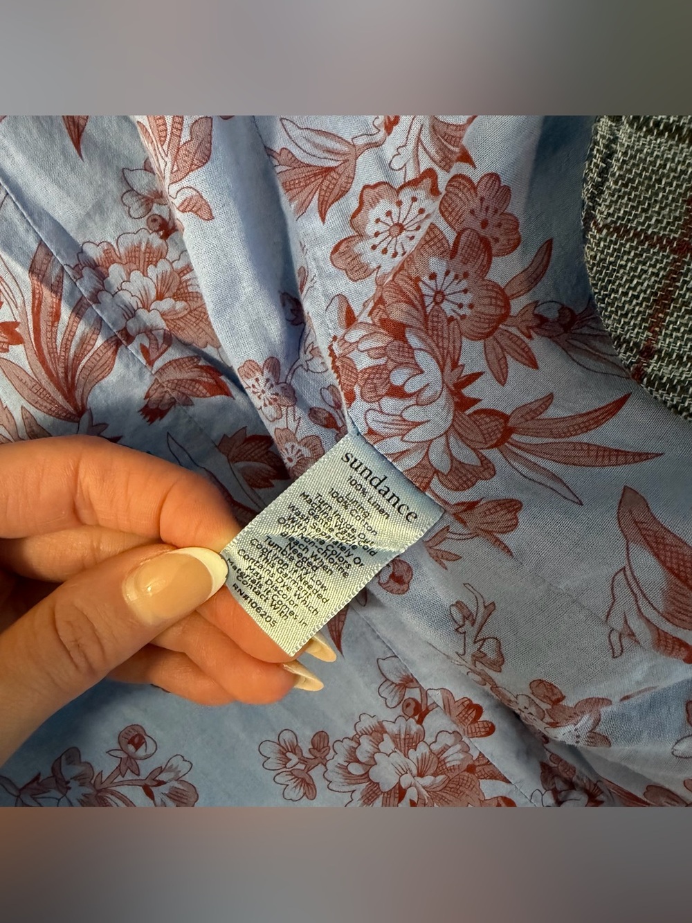Sundance, 100% Linen Blazer Jacket Plaid Blue Bird Floral Lining | Women Size M - Picture 7 of 9